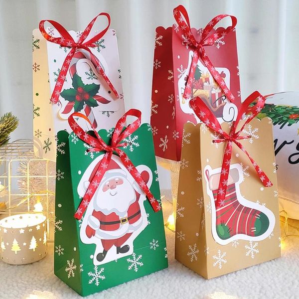 Weihnachtsdekorationen 4 Stück Frohe Geschenktüten Dekoration Verpackung Kraftpapier mit Band Santa Säcke Süßigkeiten Navidad Jahr