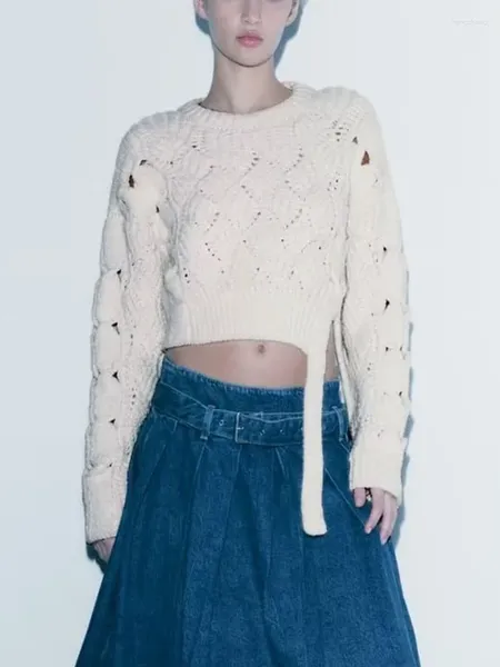 Женские свитера 2023, милый вязаный однотонный пуловер для красивых девушек на шнуровке для талии с оплеткой и круглым вырезом