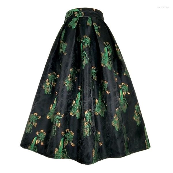 Saias 2023 outono coreano comentários muitas roupas de luxo elegante feminino verde dourado floral bordado cintura alta longa saia plissada