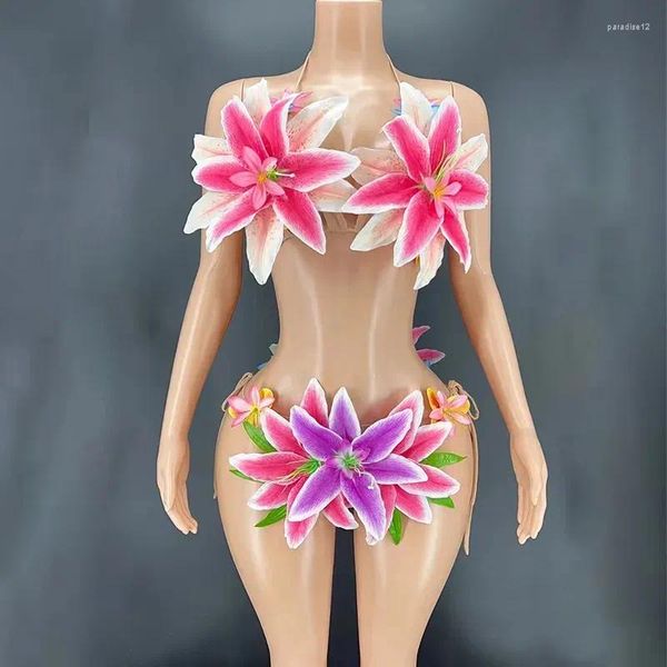 Abbigliamento da palcoscenico Vestito da bikini trasparente con grandi fiori colorati sexy Ballerino da donna Spettacolo in costume elasticizzato Vestito da ballo serale