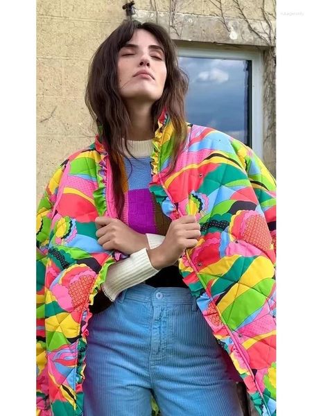 Kadın Trençkotları 2023 Bazaleas Mağazası Çiçek Baskılı Ceket Kapalı Düğmeleri Ruffles Parkas Uzun Ceket Resmi Giyim
