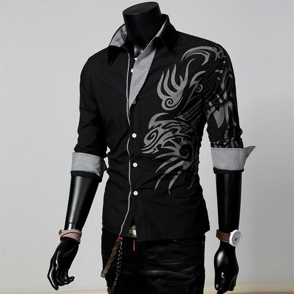 Homens moda masculina manga longa estilo europeu tatuagem dragão impresso camisa silm fit camisa 4 cores274s
