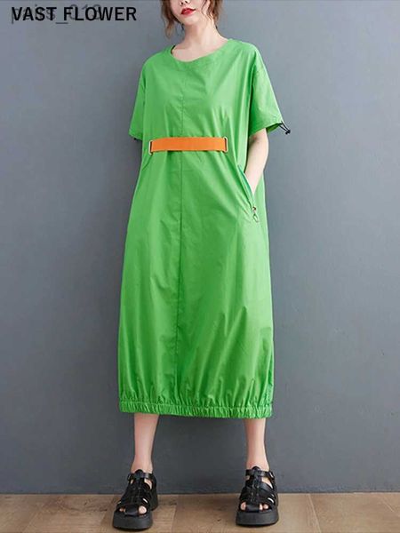 Vestidos casuais básicos verde vintage hit color para mulheres bolso com zíper manga curta solta vestido longo de verão moda roupas elegantes 2023 yq231025