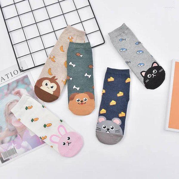 Damensocken, 1 Paar, Cartoon-Tier, gerade Platte, Essen, Gezeiten, mittlere Röhre, Baumwolle, japanische Damenmode