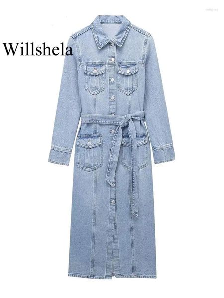 Vestidos casuais mulheres moda com cinto denim azul único breasted midi vestido vintage lapela pescoço mangas compridas feminino chique senhora