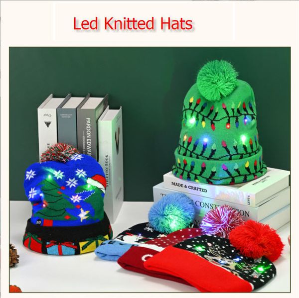 2023 Yeni Noel Hediye Led Örme Şapkalar Çocuklar Bebek Anneler Kış Sıcak Beanies Tığ kapakları Kabak SnowMen Festival Partisi Dekoru Hediye Sahneleri