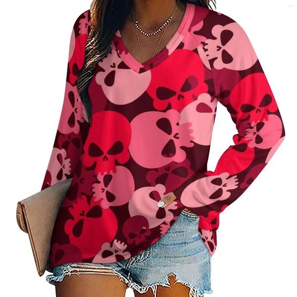 Mulheres Camisetas Abstrato Crânio Rosa Exército Camuflagem Camisa Feminina Manga Longa Solta Camiseta Oversize V Pescoço Design Roupas