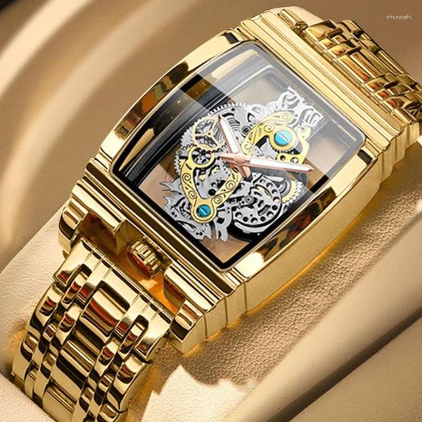 Orologi da polso Orologio da uomo in oro di lusso Secchio Moto Gear Bar Hollow Tourbillon Meccanico Impermeabile Puntatore luminoso Orologi da uomo