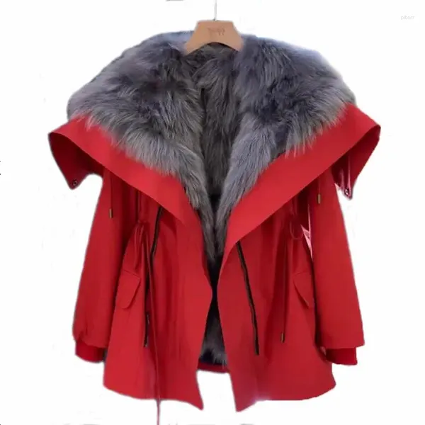 Kadın Trençkotları 2023 Kış Ceketleri Kadın Parka Kürk Matapı Kadın Sıcak Gündelik Moda Bayan Parkas Kar Kırmızı Giyim