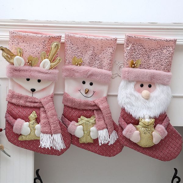 Calza natalizia Sacchetti regalo Paillettes Peluche Calzini rosa Decorazioni Natalizie Grandi Calzini decorativi 41 cm Calza per camino durevole Appesa Caramelle Festa Simpatico alce di Babbo Natale