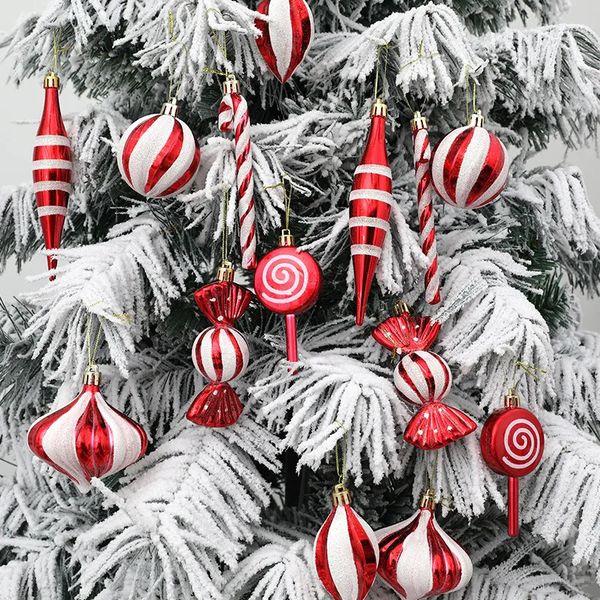 Decorazioni natalizie 14 PZ / SCATOLA Ornamenti con palline di Natale Bastoncino di zucchero rosso Albero di Natale Pendenti pendenti Decorazioni per la casa Anno di Natale 2024 Regalo 231025