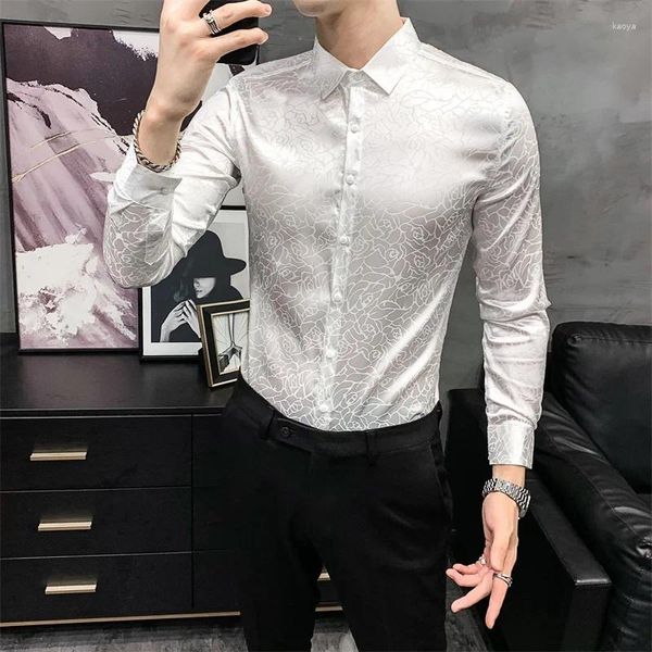 Männer Casual Hemden Rose Print Männer Langarm Business Kleid 2024 Frühling Social Party Slim Fit Tops Kleidung Chemise Homme