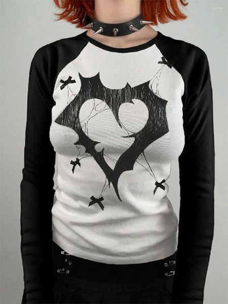 Mulheres Camisetas Mulheres Y2K Goth Fada Grunge Crop Tops Vintage Gráfico Impressão T-shirt Halloween Manga Longa Camiseta Roupas Estéticas Escuras