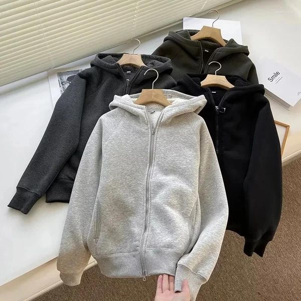 Damen-Kapuzenpullover, Herbst und Winter, einfarbig, mit Kapuze, Strickjacken, Fleece, dick, warm, passende Oberbekleidung, koreanischer Stil, Raglanärmel-Sweatshirts