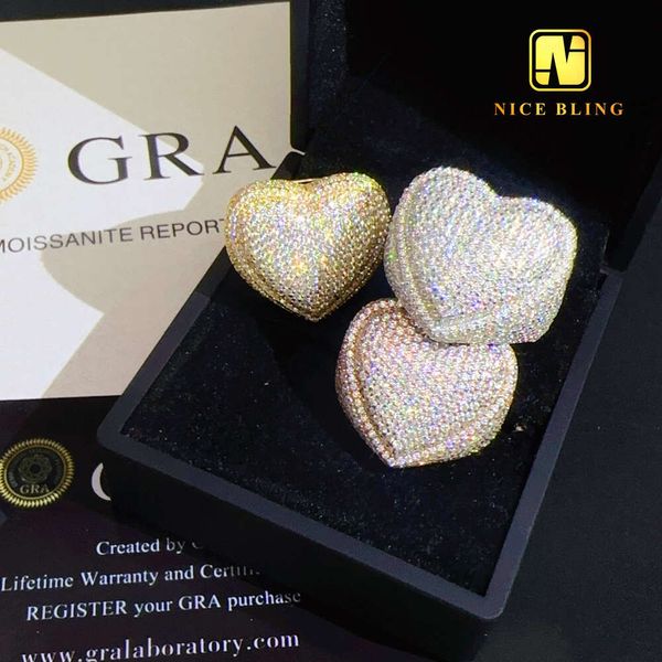 Ювелирные изделия Iced Out 925 Серебряные кольца с бриллиантами в лаборатории Vvs Хип-хоп Обручальные кольца в форме сердца с муассанитом