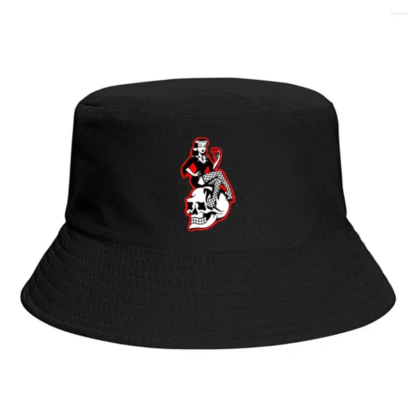 Berets Salgado-Cão Americano Tradicional Lowbrow Femme Fatale Horror Bucket Chapéus para Dobrável Pin Up Girl Modelo Art Fisherman Hat