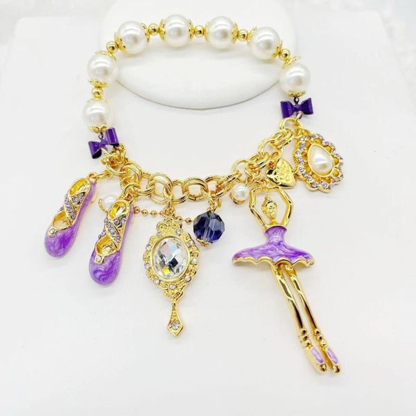 Link Pulseiras Vintage Ballet Pearl Pulseira com encantos encantadores em roxo para meninas e mulheres