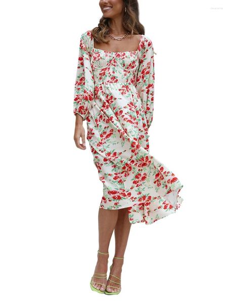 Freizeitkleider Damen Midi A-Linie Kleid Langarm Quadratischer Ausschnitt Split Flowy Sommerurlaub