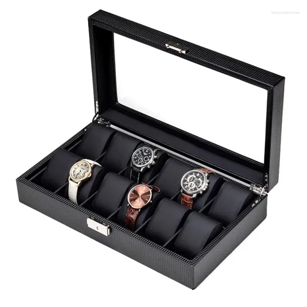 Caixas de relógio caixa de couro caixa de armazenamento transparente clarabóia organizador masculino relógios de pulso mecânicos exibição titular coleção