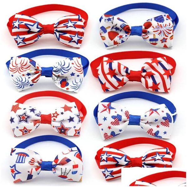 Cão vestuário cão vestuário 30 pcs 4º de Jy EUA Dia da Independência Grooming Cat Bow Ties Vermelho Branco Azul Acessórios Pet Bowtie Gravata Home Dhjn1