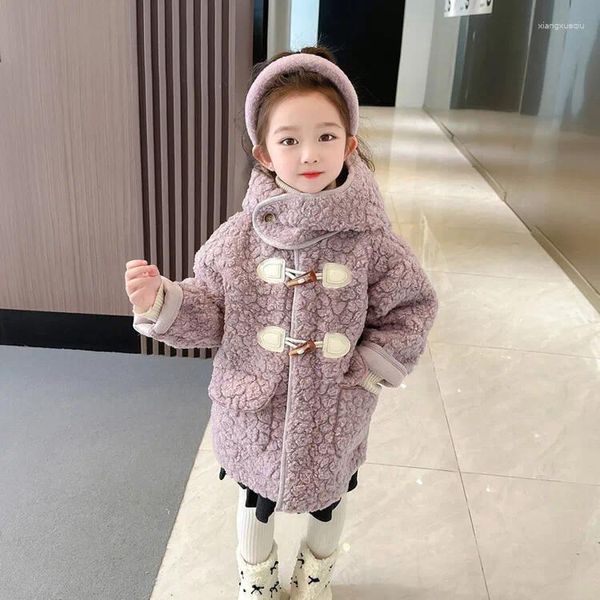 Giacche Ragazze Cappotto lungo di pelliccia 2023 Comodo caldo inverno bambino viola e verde stile coreano bel cappello alla moda