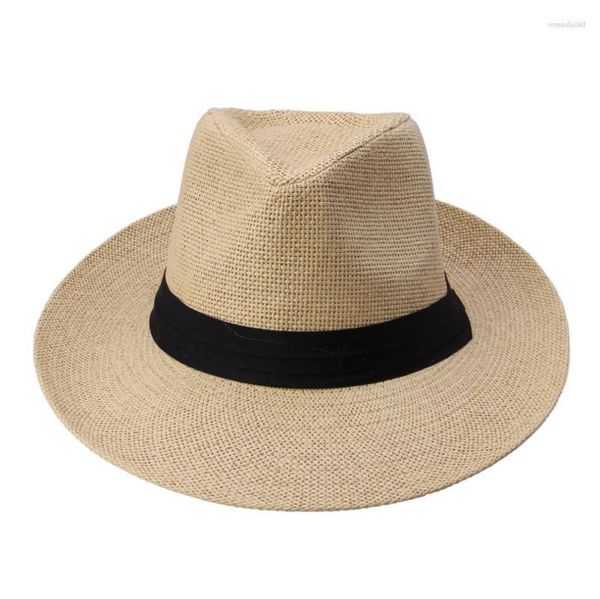 Berets moda verão casual unisex praia trilby grande borda jazz chapéu de sol panamá papel palha mulheres homens boné com fita preta wend22