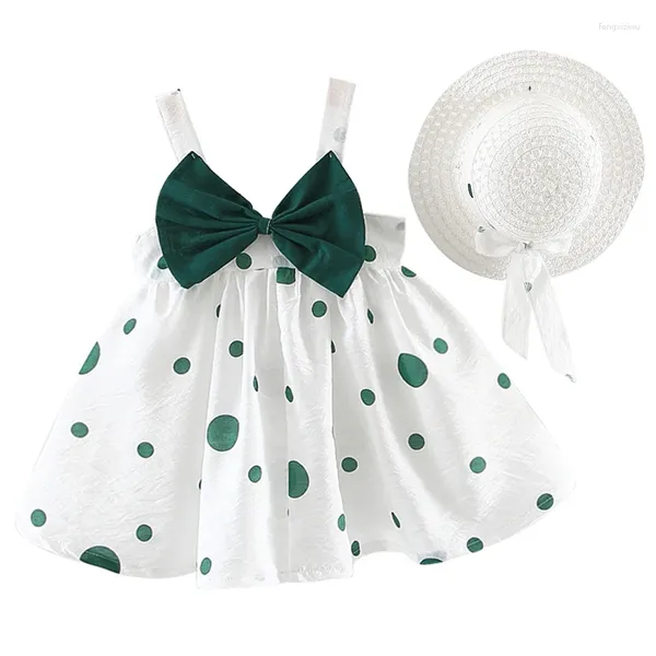 Vestidos da menina verão da criança meninas coreano bonito arco dot sem mangas vestido de princesa do bebê chapéu de sol nascido roupas infantis conjunto bc007