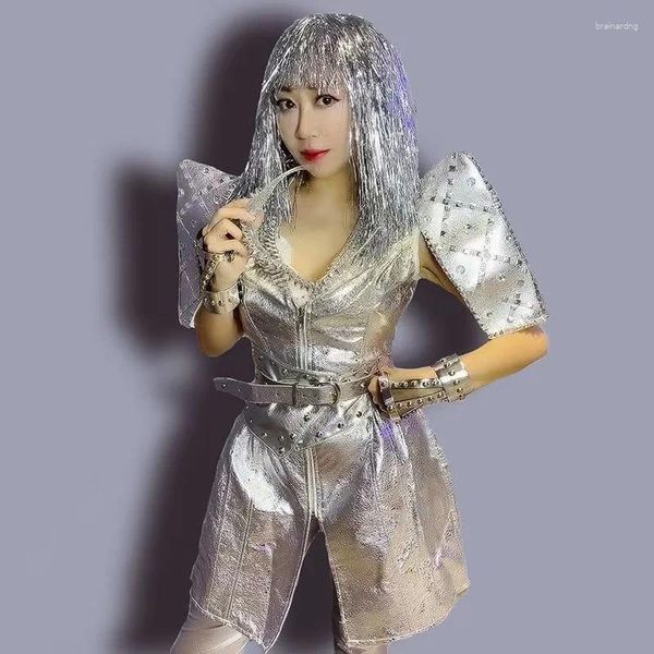 Сценическая одежда в стиле панк, серебряное лазерное пальто с преувеличенными плечами, женская праздничная танцевальная одежда, костюм для ночного клуба, Dj Gogo, костюм Rave, XS6867