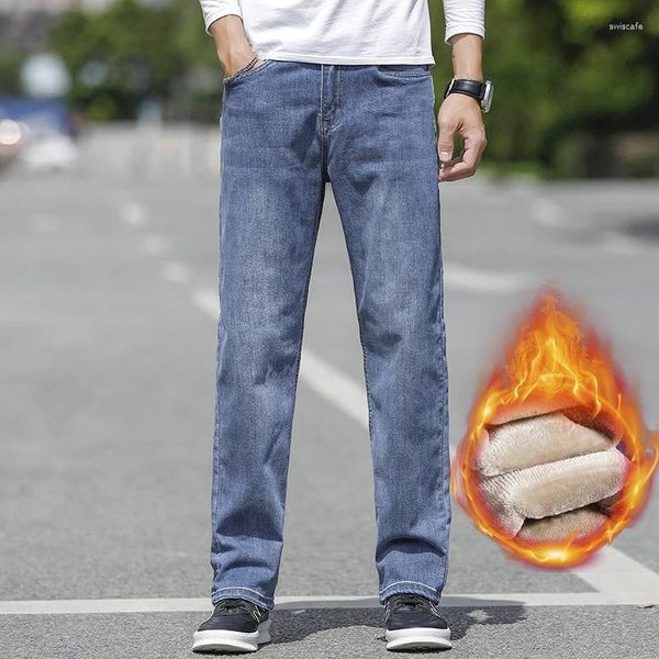 Calças de brim masculinas inverno veludo engrossado clássico em linha reta cintura alta casual elástico algodão denim calças moda calças quentes 40 42