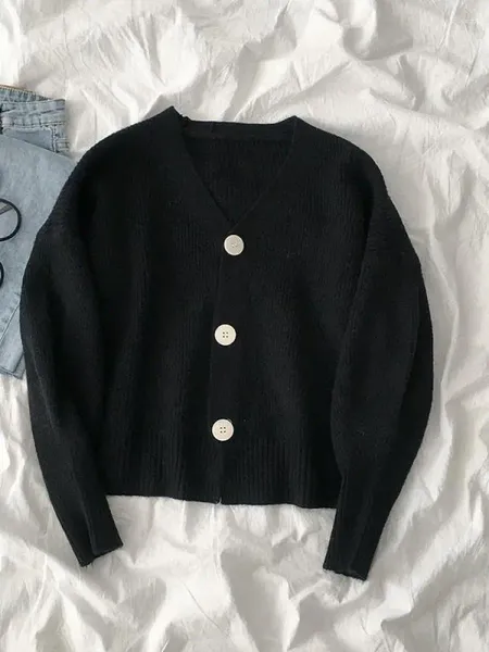 Strickjacke für Damen, schwarz, gestrickt, Aprikosen-Langarm, V-Ausschnitt, koreanischer Vintage-Stil, vielseitig, locker, gelb, kurze Oberteile, Herbst und Winter