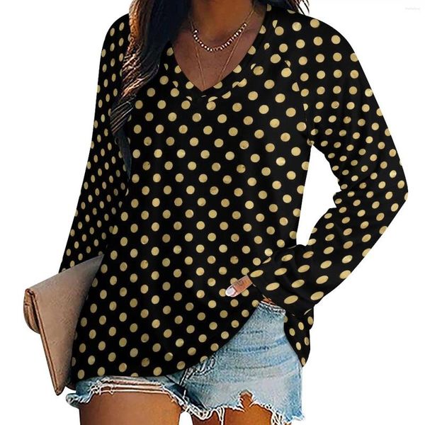 Magliette da donna T-shirt a pois dorati T-shirt eleganti a pois carine T-shirt a maniche lunghe da donna T-shirt moda di strada con scollo a V T-shirt grafiche oversize