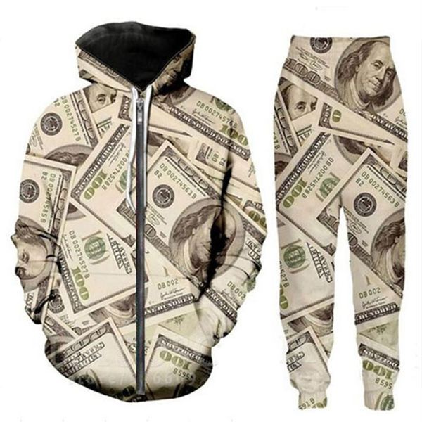 Yeni Erkekler Kadın Money Desen Doları Çıkarma Komik 3D Baskı Moda Trailtsits Pantolon Uzun Kollu fermuar Hoodie Sıradan Sportswear253s