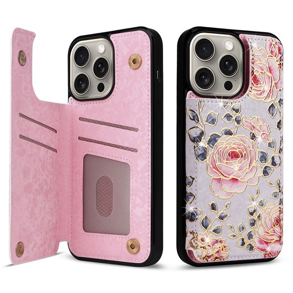 Capa de telefone luxuosa com glitter magnético fólio flor para iPhone 15 Plus 14 13 12 11 Pro Max XR XS Sparkle Vários slots para cartões Carteira de couro com suporte traseiro à prova de choque