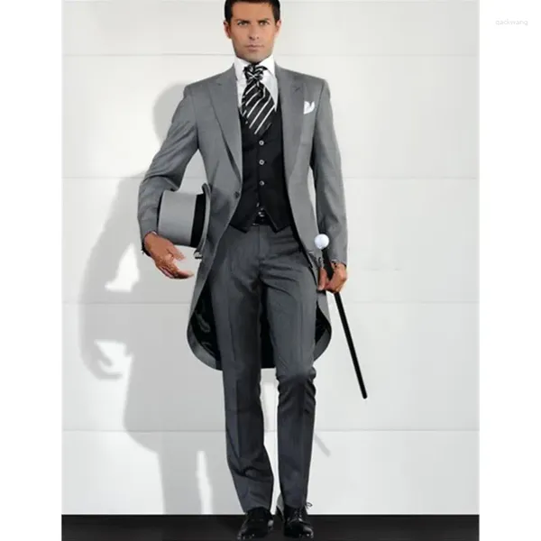 Ternos masculinos cinza elegante casamento baile longo smoking terno para homem 3 pçs blazer jaqueta calças colete conjunto traje homme fino ajuste
