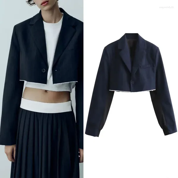 Ternos femininos mulher recortada blazer 2023 azul bombardeiro jaquetas mulheres outono ombro almofadas outerwears moda lapela mangas compridas casacos