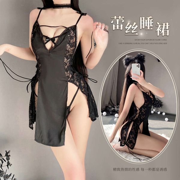 Cosplay sexy lingerie aberta roupa mini saia roupa interior feminina vestido extravagante para senhoras estilingue quente profundo v renda preto camisola um tamanho