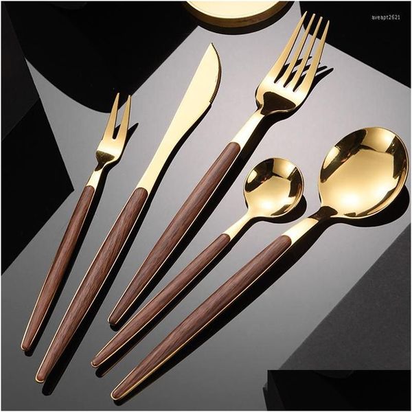 Geschirr-Sets Geschirr-Sets Golden Imitation Walnuss Portugiesisches Geschirr 430 Edelstahl Messer und Gabel Löffel Western Steak Cy Dhhqd