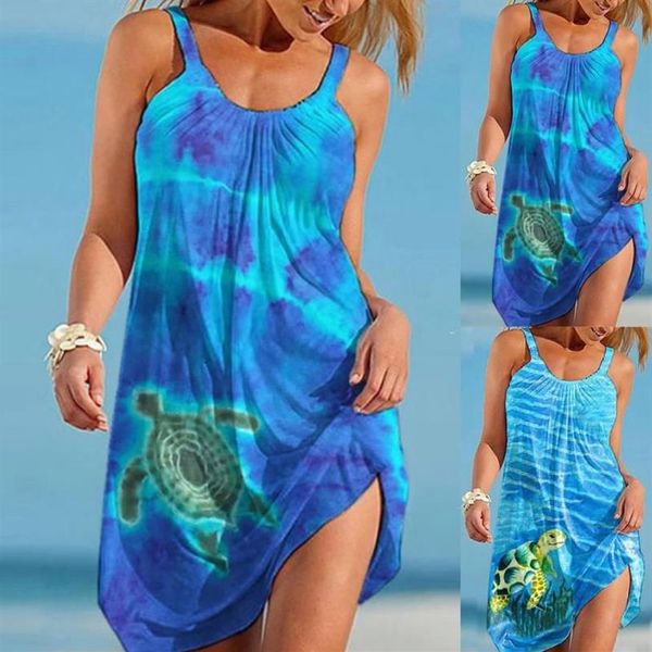 Vestidos casuais conjuntos de vestido mulheres desenhos animados tartaruga marinha impresso praia sem mangas tanque curto boêmio ropa mujer verano 2021252c