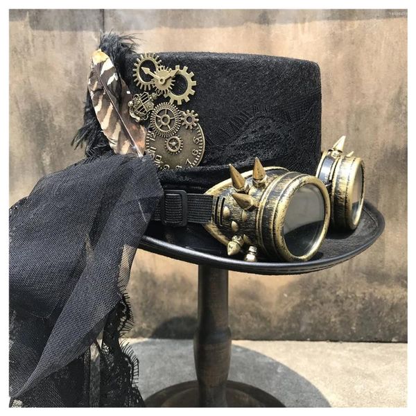 Berretti Moda Donna Cappello a cilindro Steampunk fatto a mano con occhiali e pizzo Taglia magica per feste 57 cm