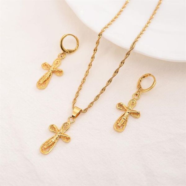 Orecchini con collane con ciondolo croce di Gesù Orecchini in oro giallo fine 18 k Set egiziano con geroglifici egiziani da donna235o