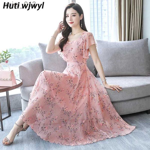 Vestidos casuais básicos 2023 floral chiffon midi verão impressão vintage elegante mulheres bodycon rosa festa vestidos praia boho maxi sundress yq231025