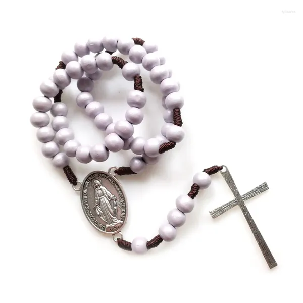 Colares Pingente Qigo Madeira Rosário Cruz Handmade Tecido Strand Colar Para Homens Mulheres Jóias Religiosas