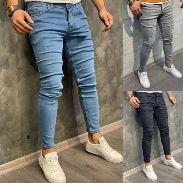 Jeans masculinos musculação mens completo casual denim bolso verão calças esportivas comprimento