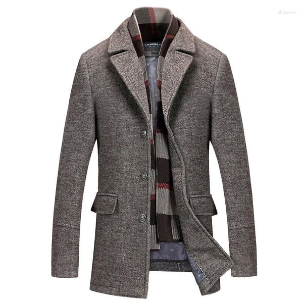 Herren-Winter-Trenchcoats aus Wolle für Herren, warm, für modische Jacken, lang, inklusive Schal und Herren-Business-Mantel, 50 % Kaschmir, brauner Mantel