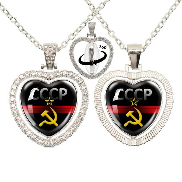 Collane con ciondolo Distintivi sovietici vintage dell'Urss Collana a forma di cuore con martello falce Cccp Moda Gioielli con strass rotanti a 360 gradi