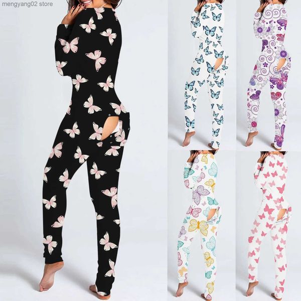 Damen-Nachtwäsche, Onesies mit Schmetterlingsdruck, Damen-Overall mit Knopfleiste, Dessous, funktionale geknöpfte Klappe, Overall für Erwachsene, langärmelig, Pijama Mujer T231025