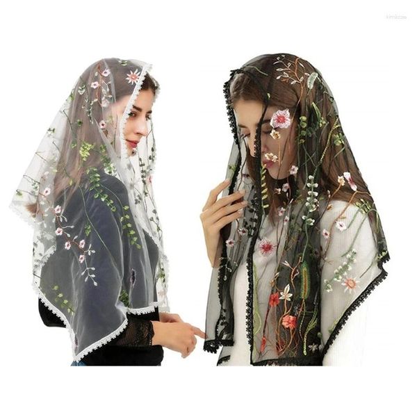 Lenços 2023 Bordado Floral Xaile Sheer Headscarf Tudung Wraps para Mulheres Hijab Headcovering Scarf