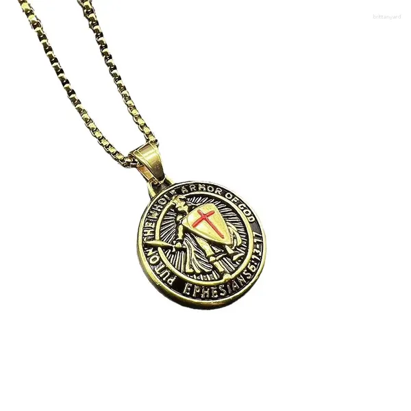 Collane con ciondolo Hip Hop Rock Acciaio inossidabile Cavaliere Templare Collana con pendenti rotondi per uomo Gioielli retrò Goccia color oro argento