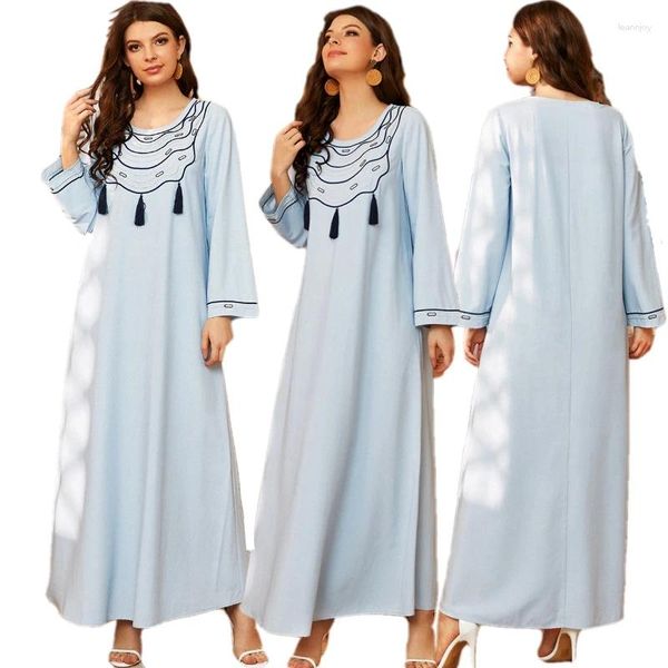 Roupas étnicas Elegante Bordado Maxi Vestido para Mulheres Azul Manga Longa Solta Casual Tassel Árabe Muçulmano Abaya Vestidos Robe M-3XL