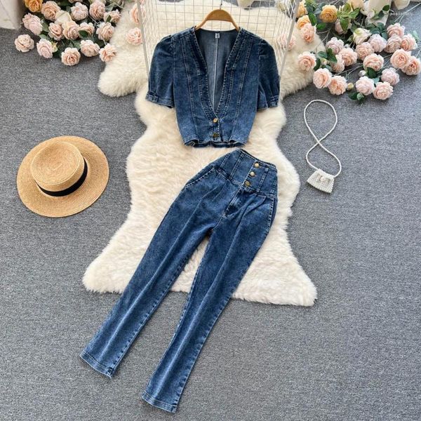 Damen Zweiteilige Hose Amolapha Short Deep V-Ausschnitt Kurzarm Cape Cardigan Denim Tops High Waist Jeans Zweiteiliges Set